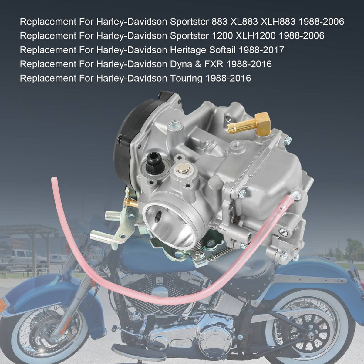 Carburetor installed on motorcycle engine with red fuel lines and fittings
