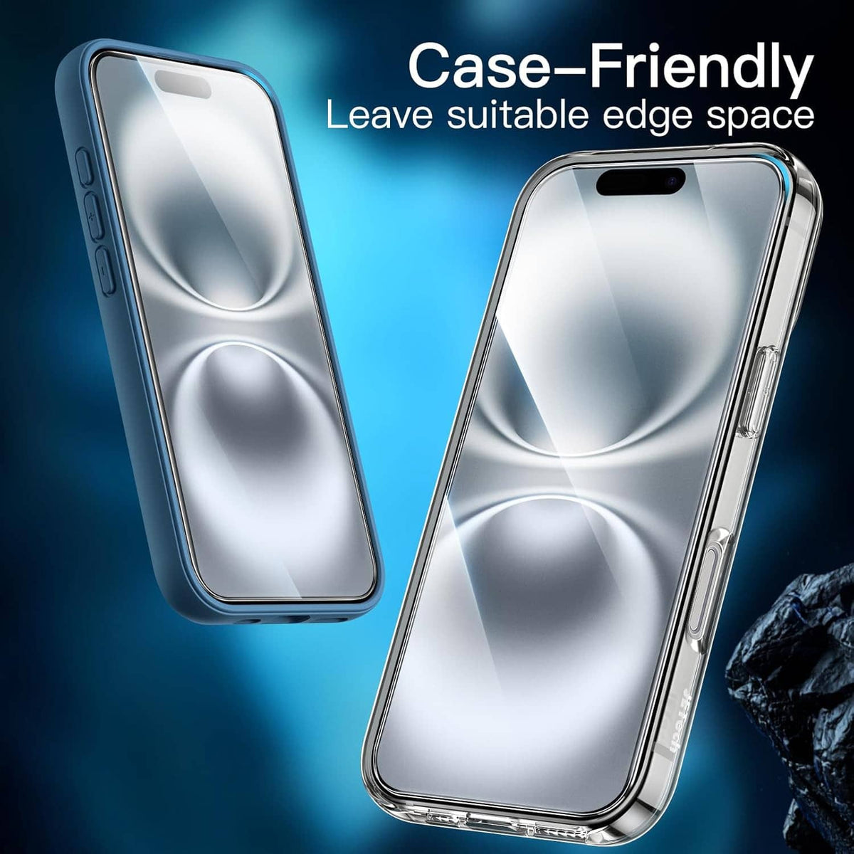 Case-friendly tempered glass screen protector, clear film with suitable edge space