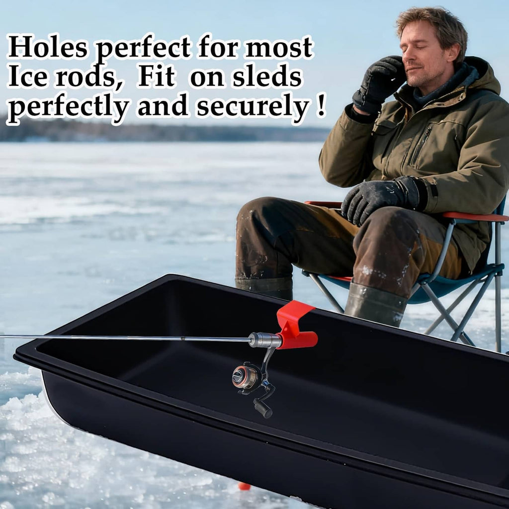 Red ice fishing sled rod holder clip mounted on black sled edge