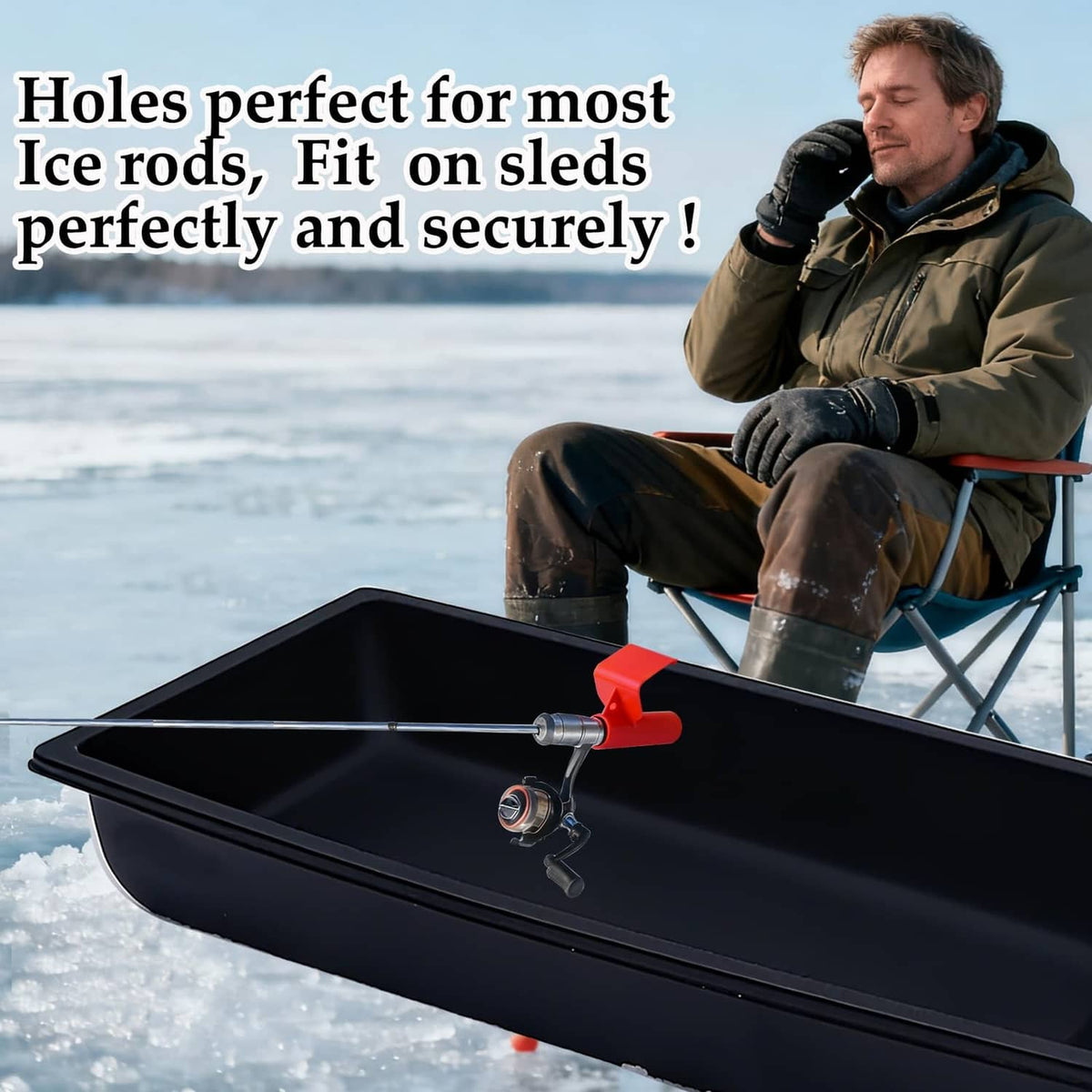 Red ice fishing sled rod holder clip mounted on black sled edge