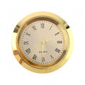 Mini quartz clock with gold round bezel, Roman numeral dial, gold hands