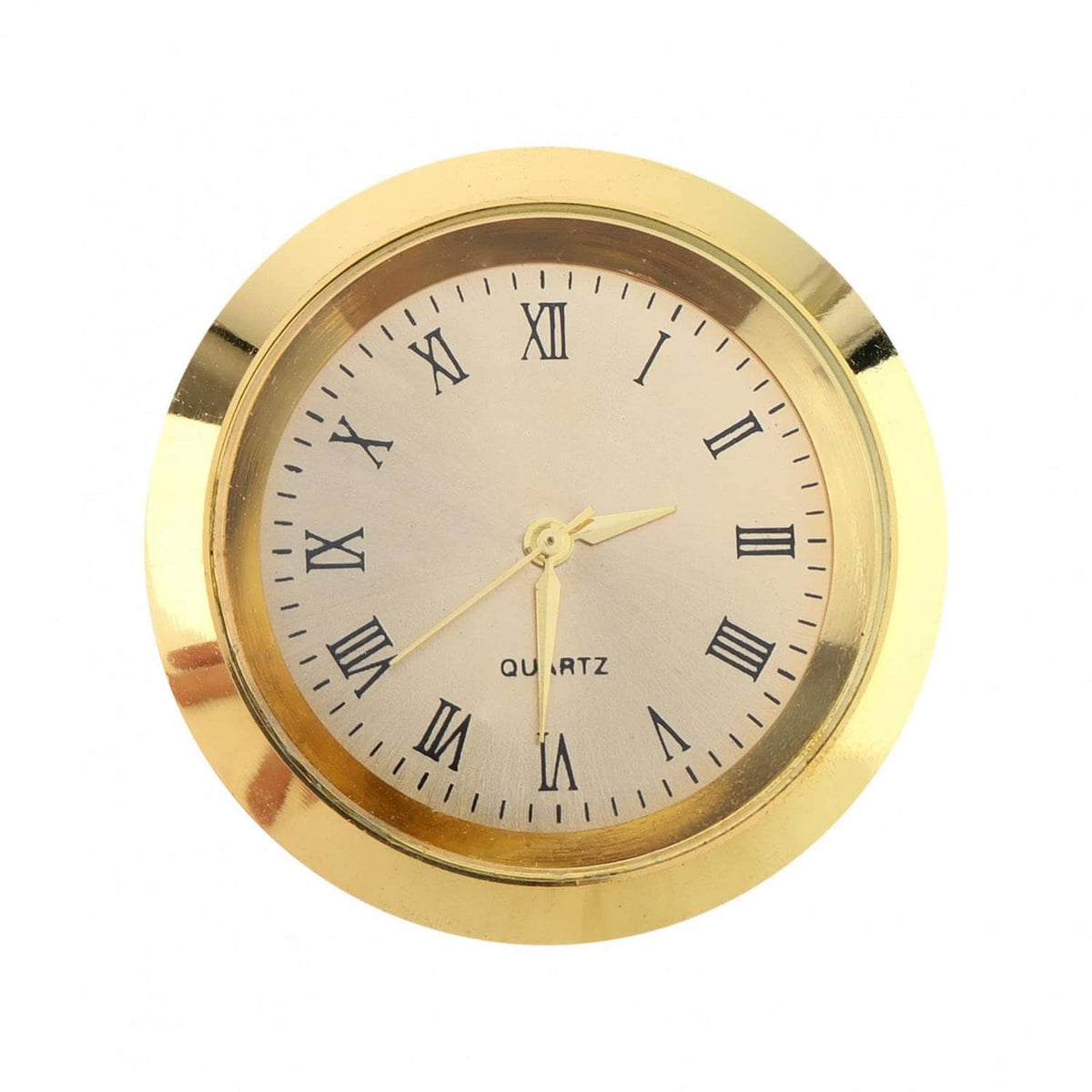 Mini quartz clock with gold round bezel, Roman numeral dial, gold hands