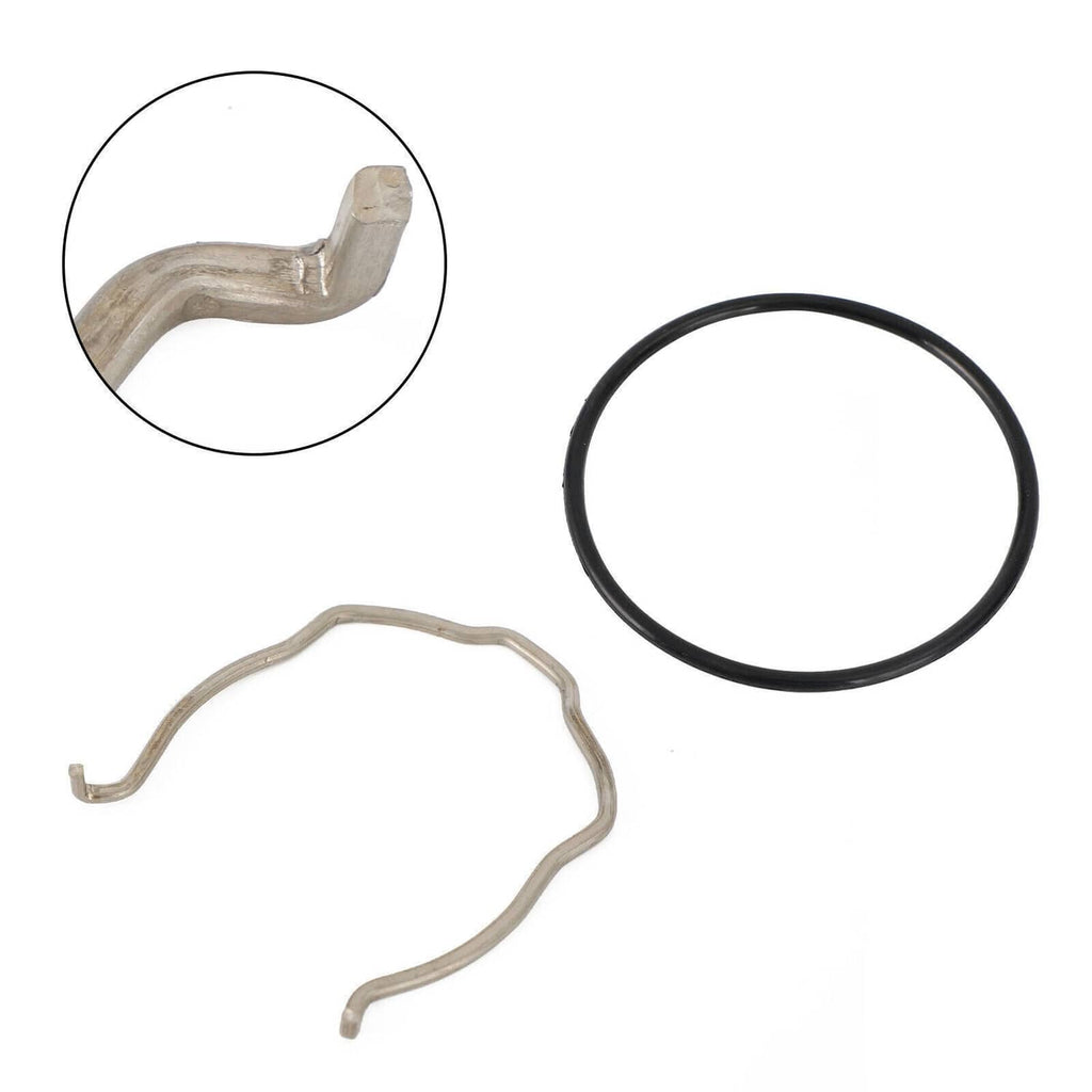 Black O-ring seal and two gray metal clips with attached gasket pieces