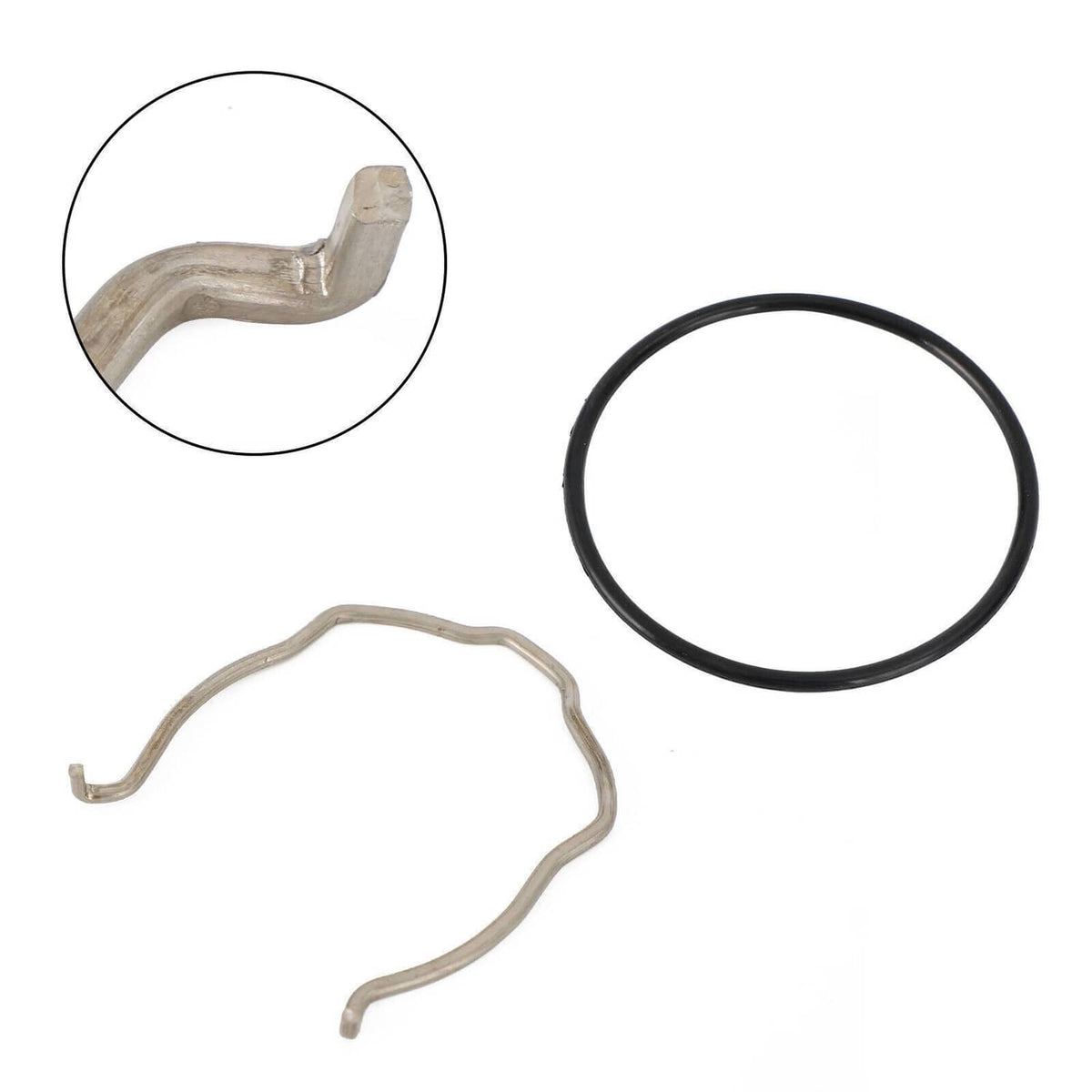 Black O-ring seal and two gray metal clips with attached gasket pieces