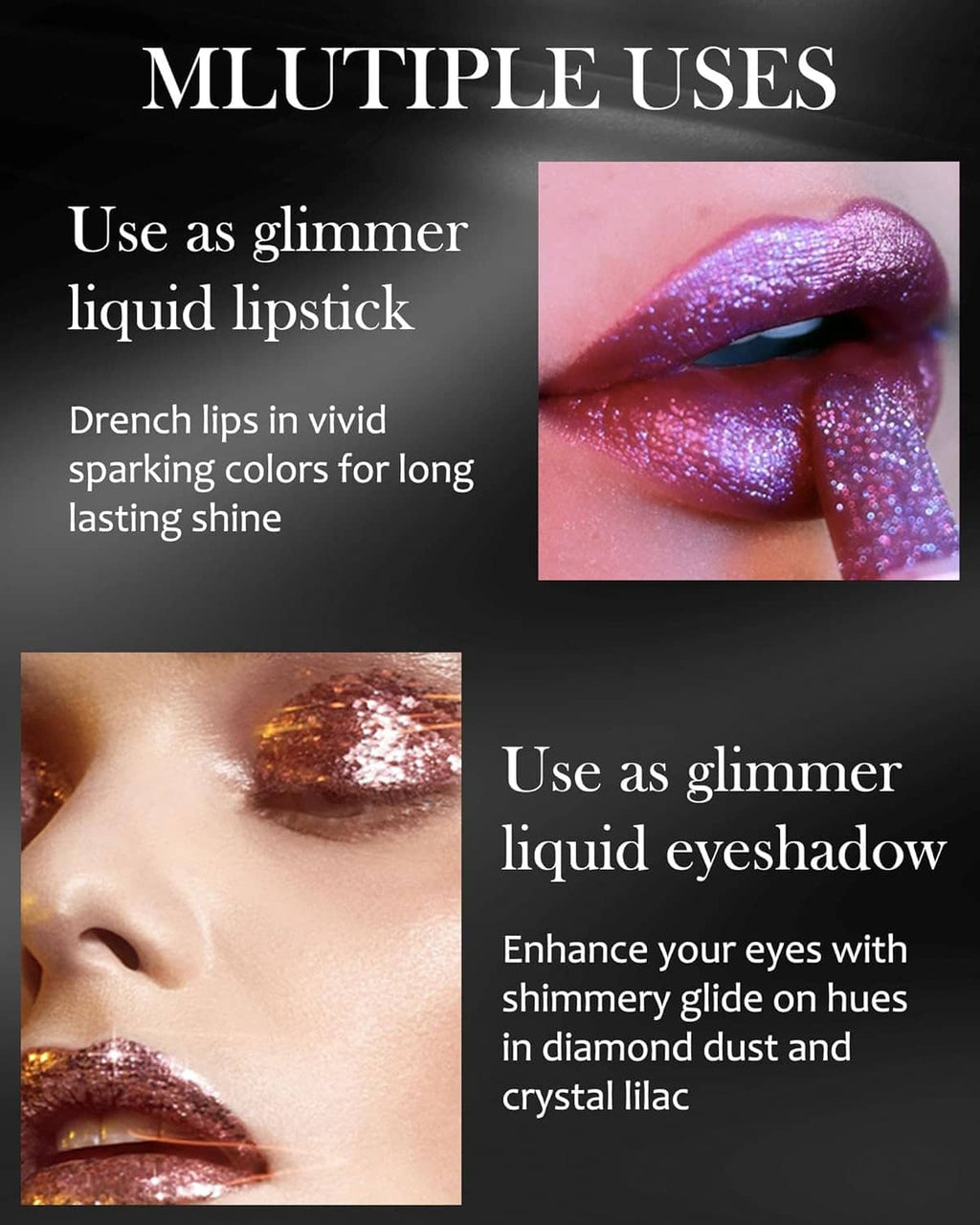 Glitter liquid lipstick on lips and eyes, shimmering wine red and gold tones