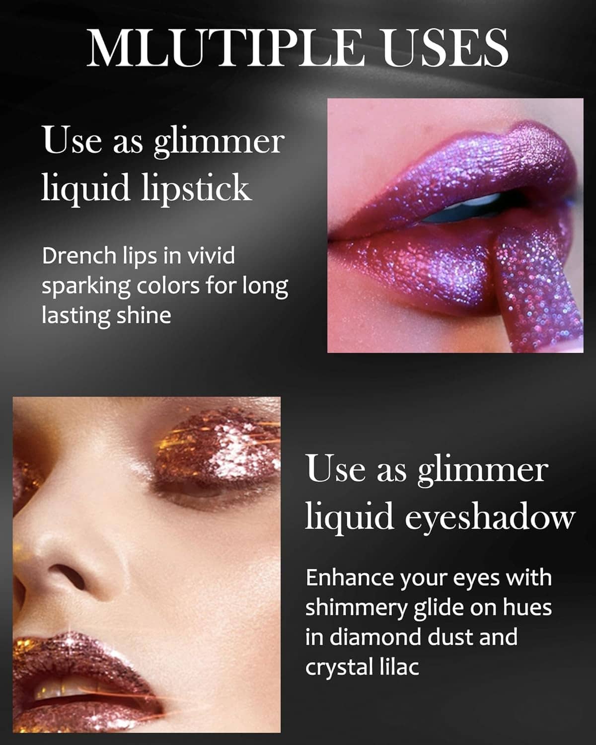 Glitter liquid lipstick on lips and eyes, shimmering wine red and gold tones