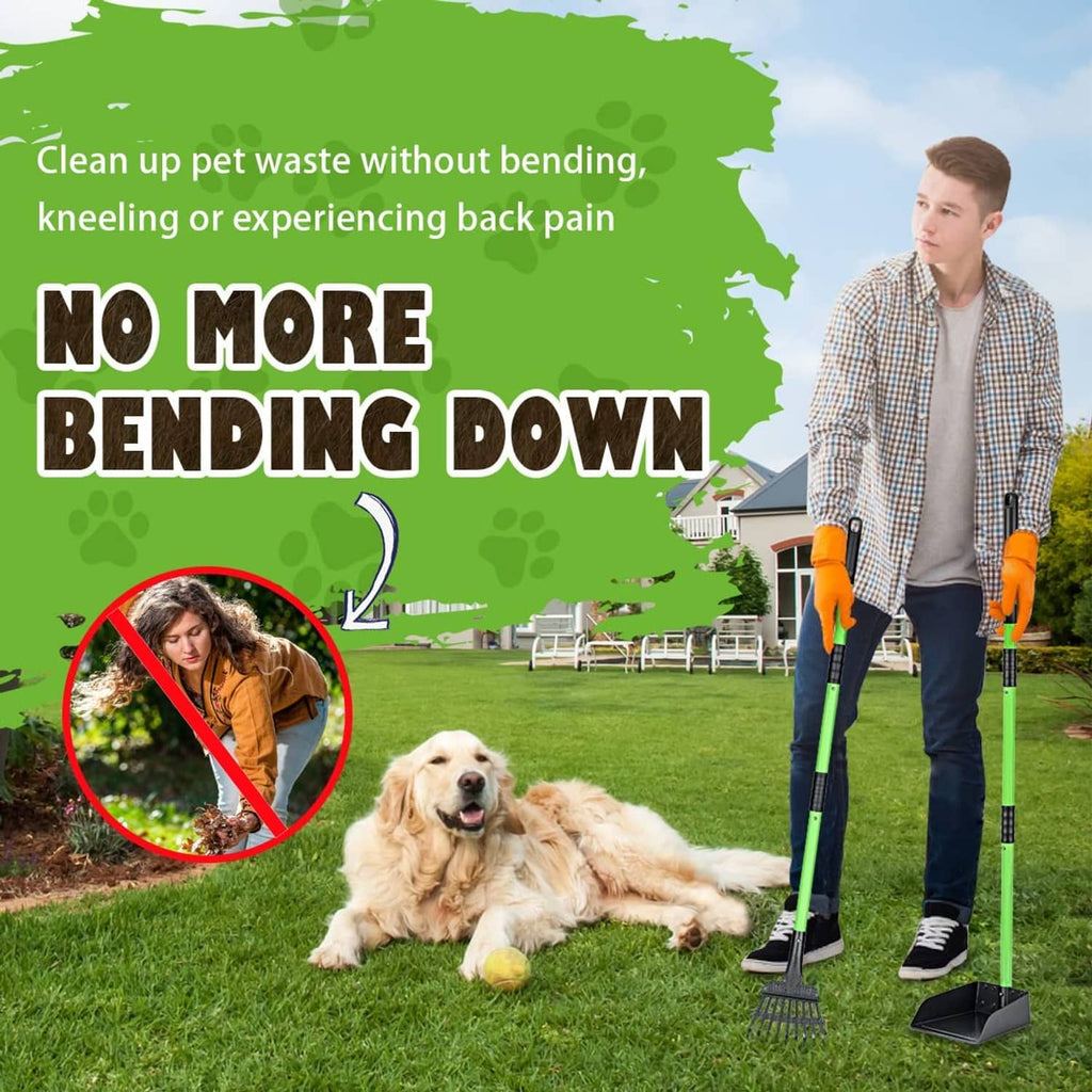 Long-handled dog pooper scooper with black tray, held outdoors on a walkway
