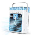 Portable evaporative air cooler with front grille and blue ice chamber, white body.