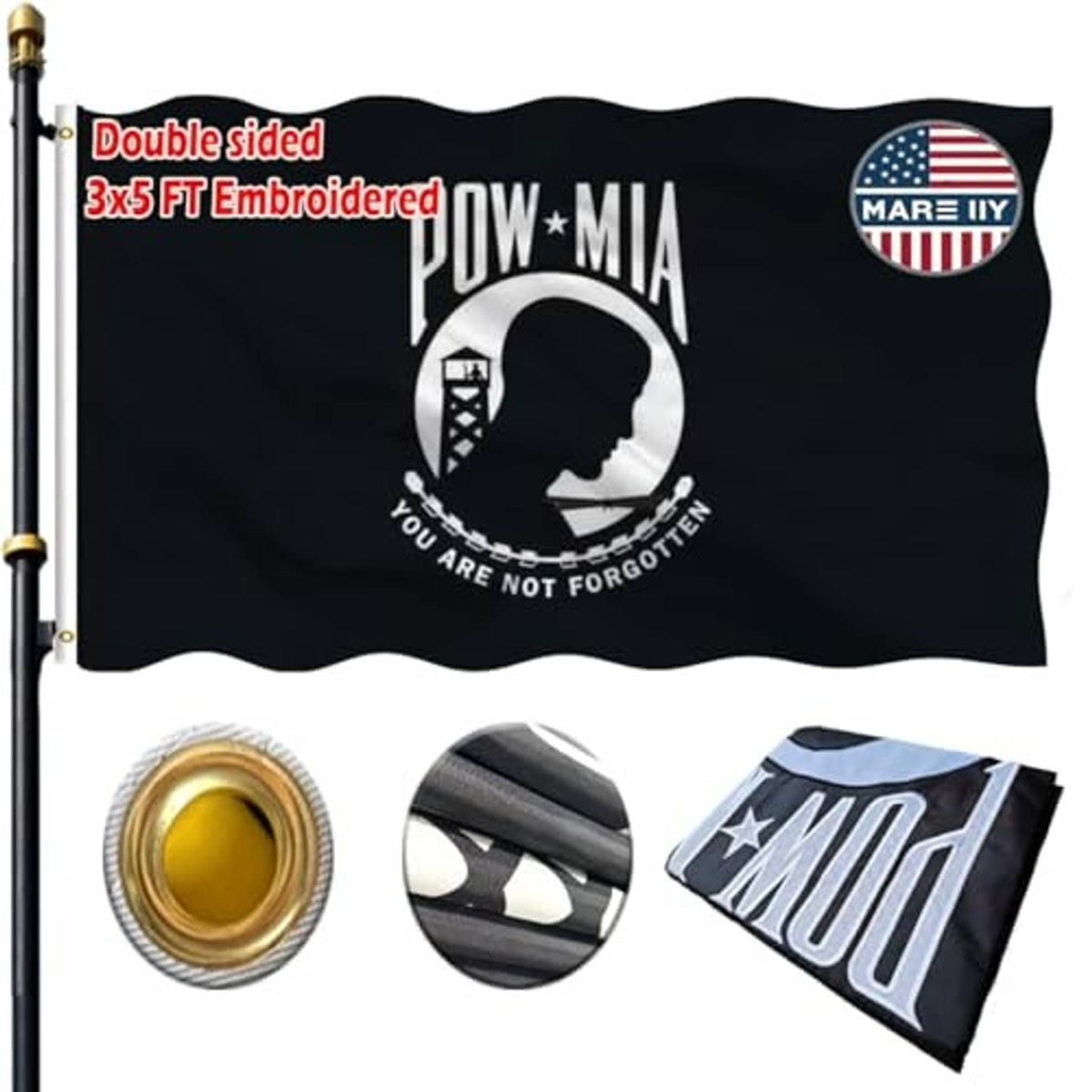 Black POW-MIA embroidered flag on pole with double-sided central circular emblem