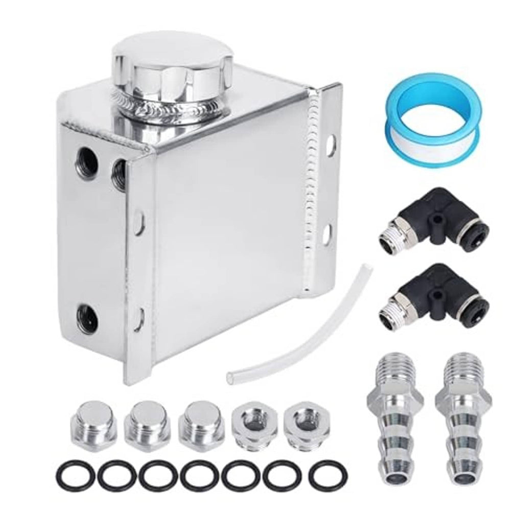 Silver coolant expansion tank with hose elbows, fittings, O-rings, and drain pieces
