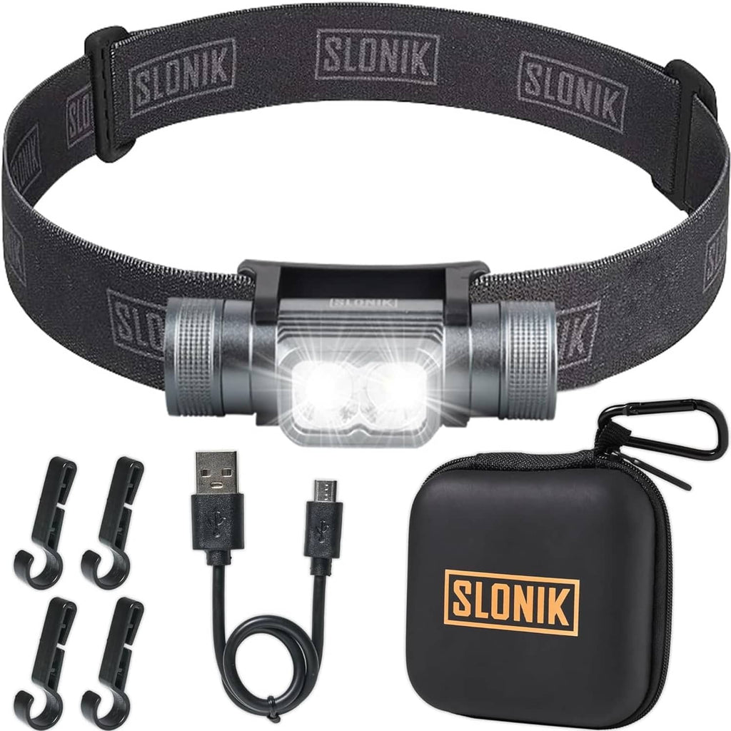 Rechargeable headlamp kit: front LED module, USB plug, small cable set, protective storage case