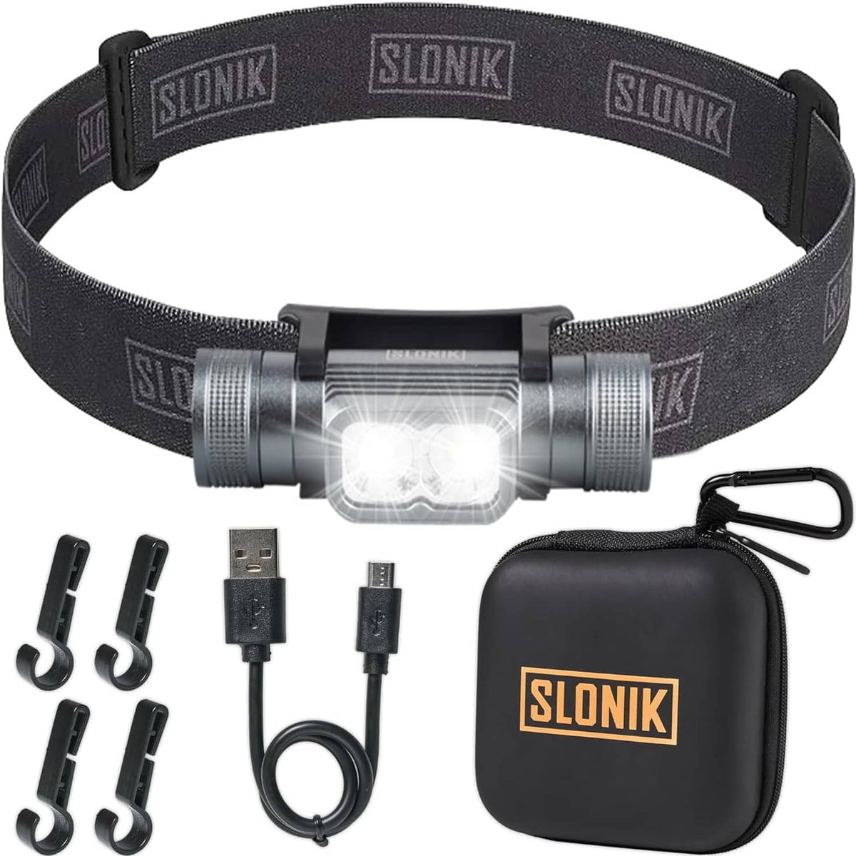 Rechargeable headlamp kit: front LED module, USB plug, small cable set, protective storage case