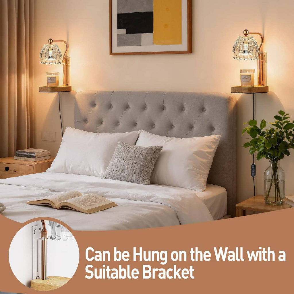 Clear glass candle warmer lamp on wooden base beside bed with warm light