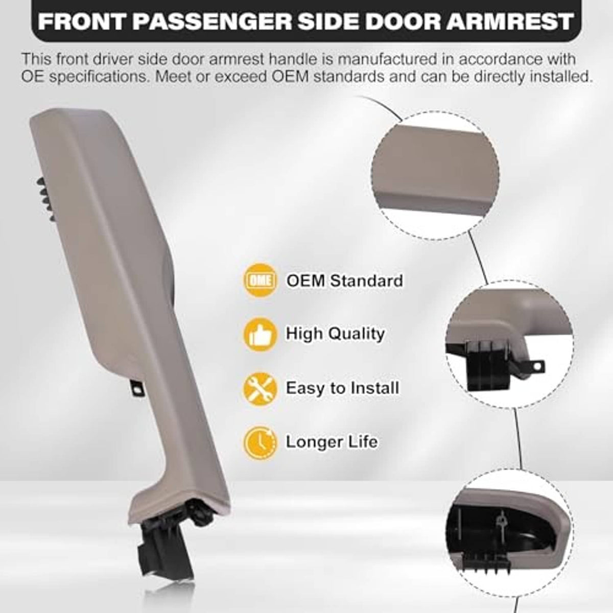 Beige front passenger door armrest handle with black attachment brackets