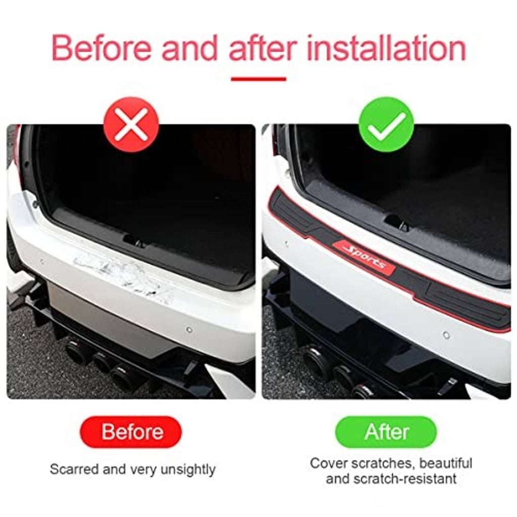 Universal rear bumper guard protector installed on rear bumper, black rubber with red trim