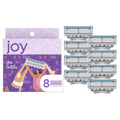 Joy purple razor refill cartridges, 8 count; silver blades with blue guard strips.