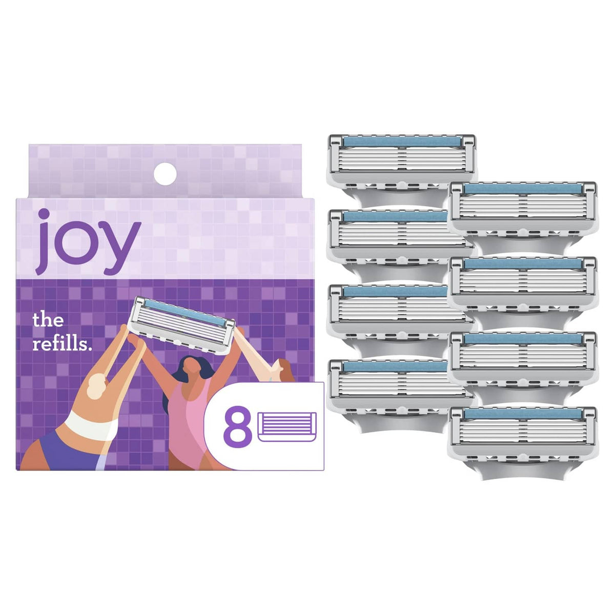 Joy purple razor refill cartridges, 8 count; silver blades with blue guard strips.