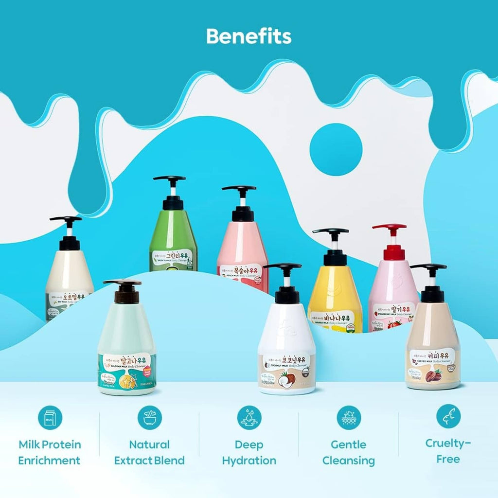 Body cleanser benefits chart with multiple pump bottles