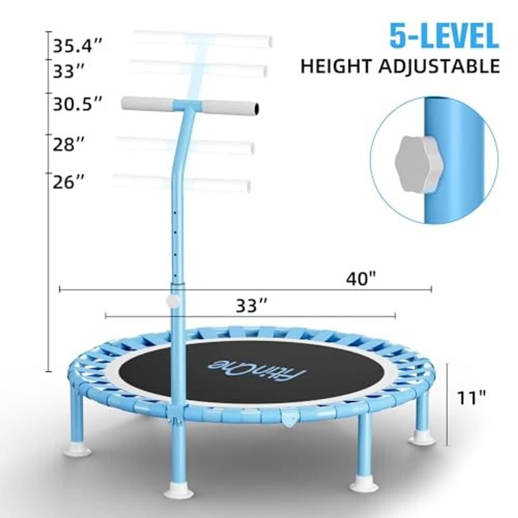Light blue 40in mini trampoline with adjustable handle and black circular mat