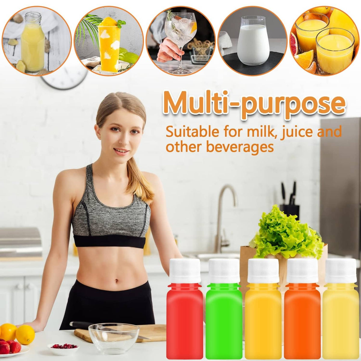 Assorted 2 oz mini plastic juice bottles with white caps, neatly lined up
