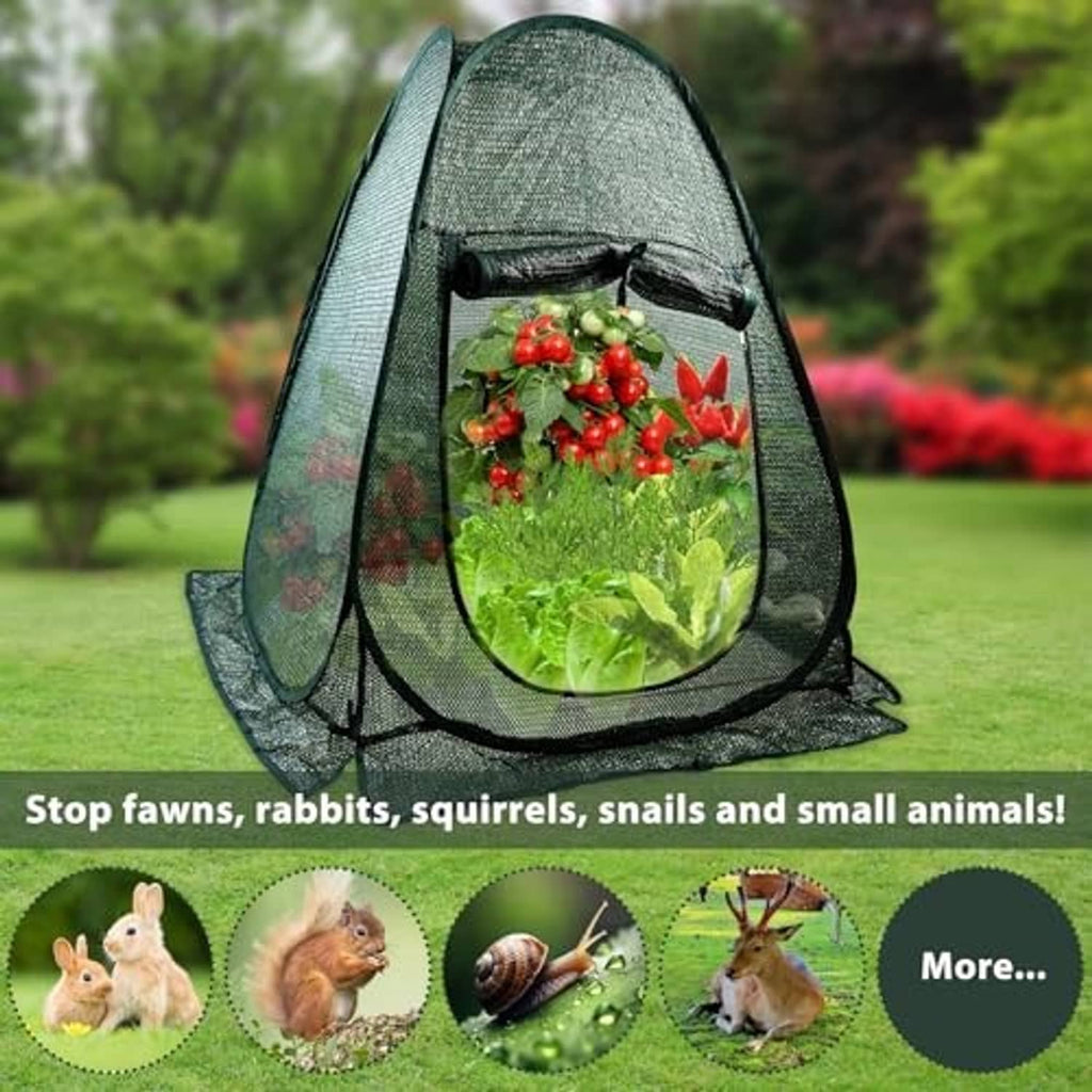Dark green mesh pop-up plant cover tent with zippered front opening and plants