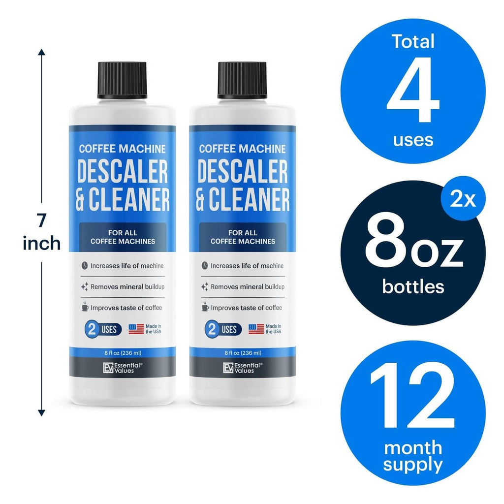 Two coffee machine descaler bottles labeled 8 oz, with total uses callout