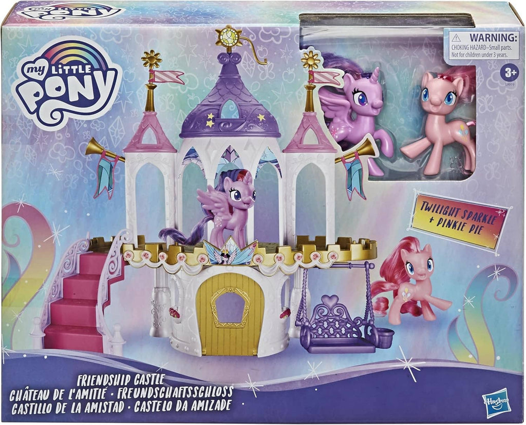 My Little Pony friendship castle playset box showing purple castle and pony figures