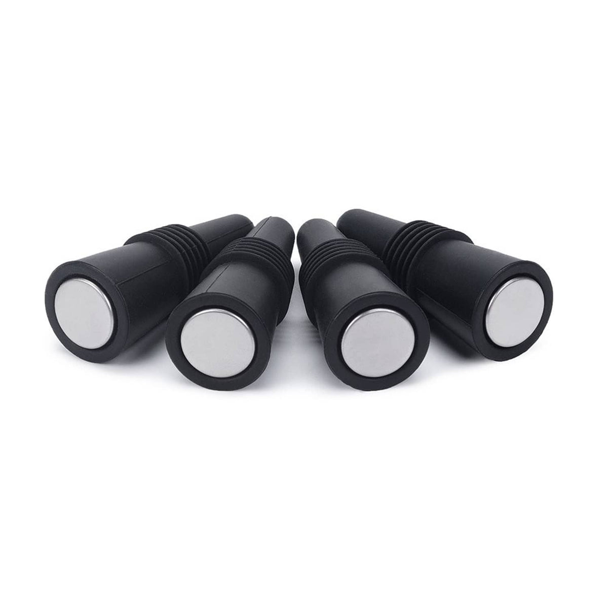Set of 5 black silicone wine stoppers with round silver sealing inserts