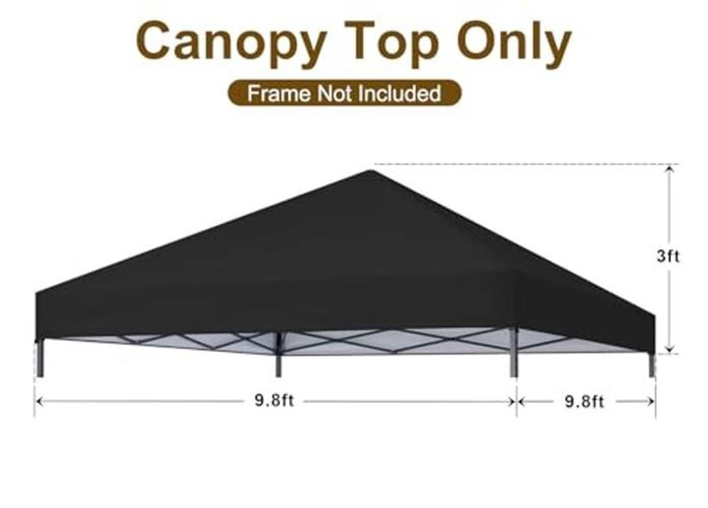 Black pop-up canopy top cover with peaked roof and supporting frame legs