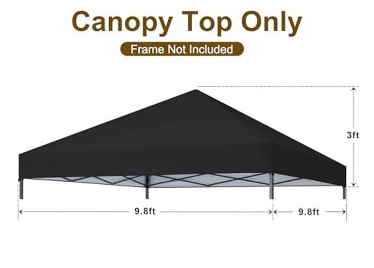 Black pop-up canopy top cover with peaked roof and supporting frame legs