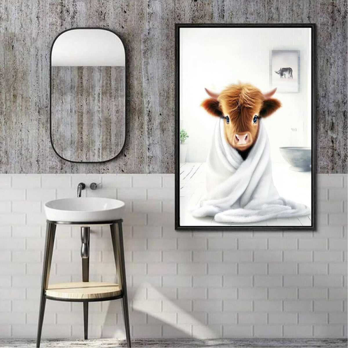 Single framed Highland cow bathroom print with cow in white towel by shower