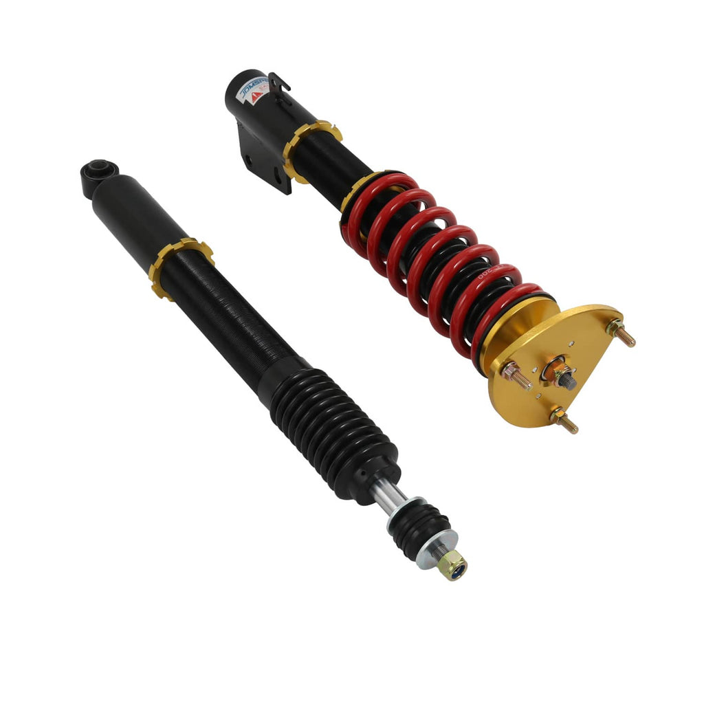 Coilover struts with red coil springs and gold spring seats on black shocks