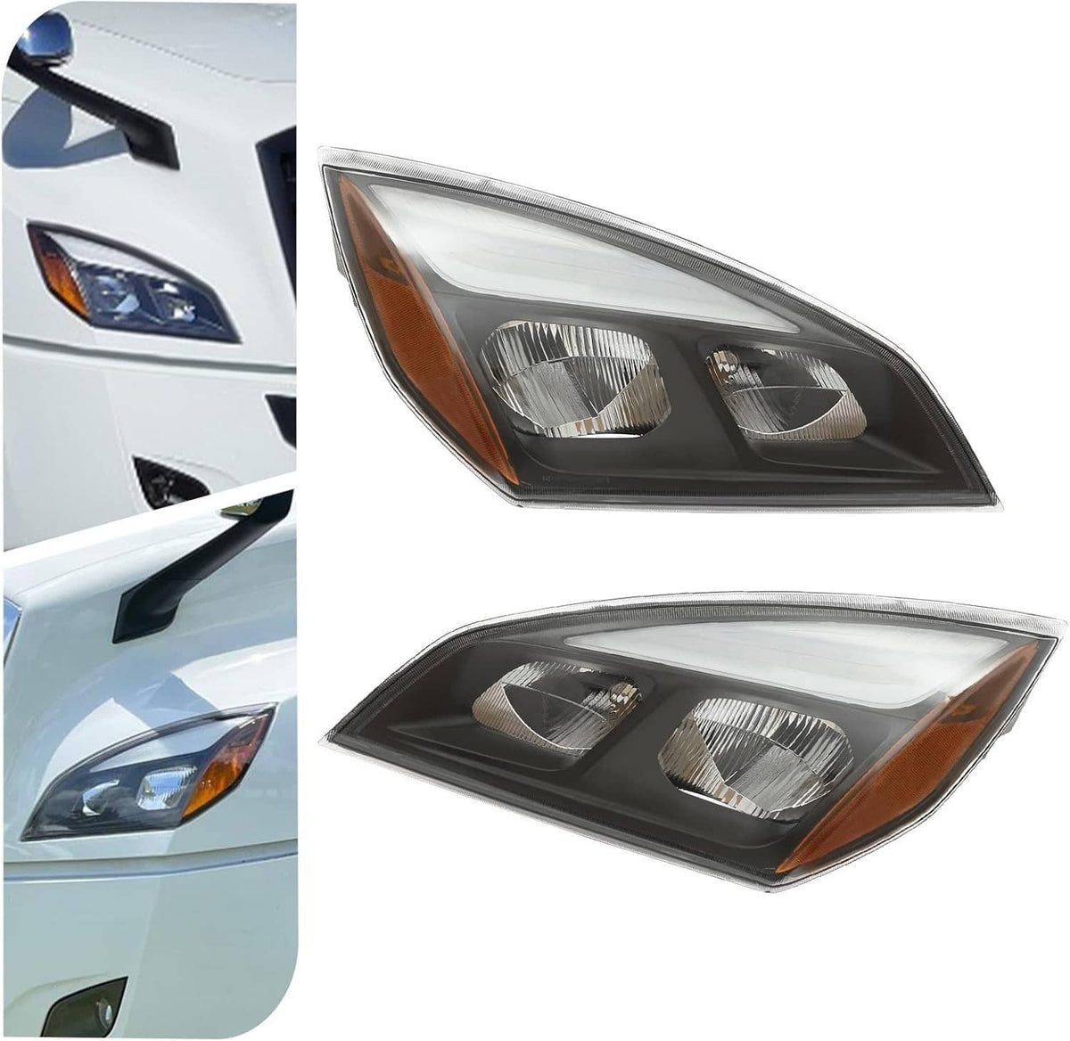 LED headlight pair with clear lens, black housing, and amber side marker lights.