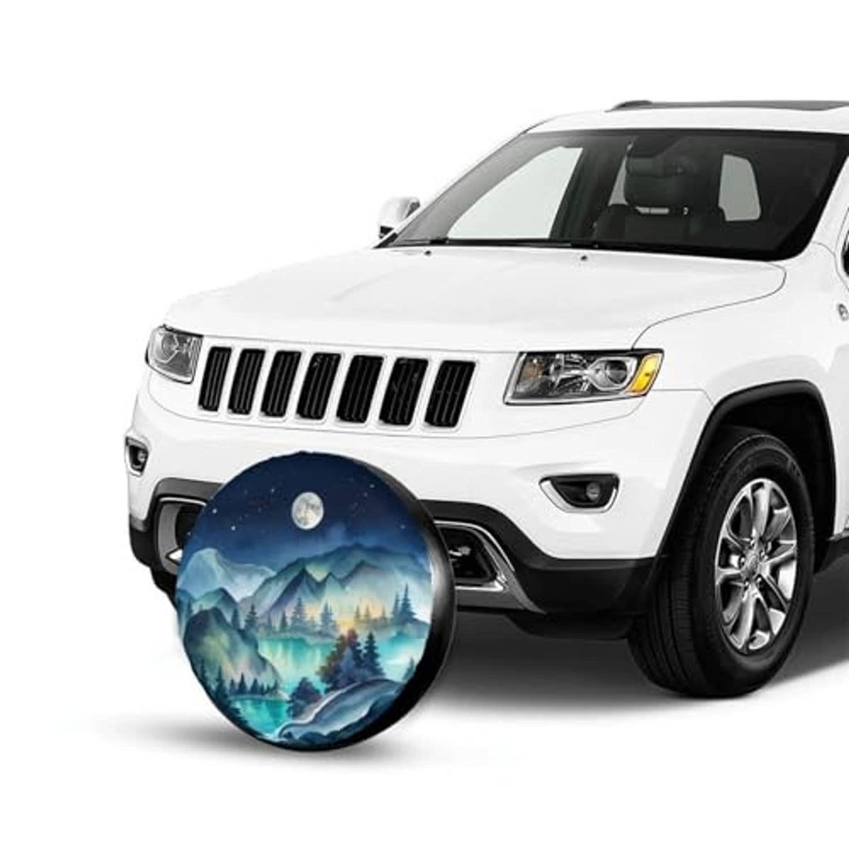 Spare tire cover mounted on the front of a white Jeep, blue mountains with moon