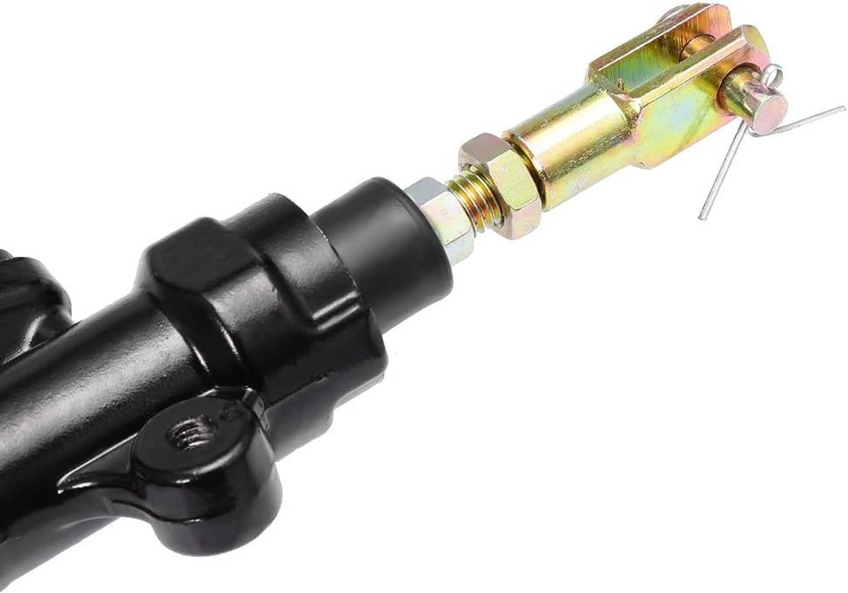 Rear brake master cylinder pump with gold mounting rod and black housing