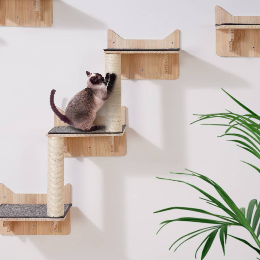 Wall-mounted cat tree shelf with natural wood platforms, rope-wrapped post, and cat house
