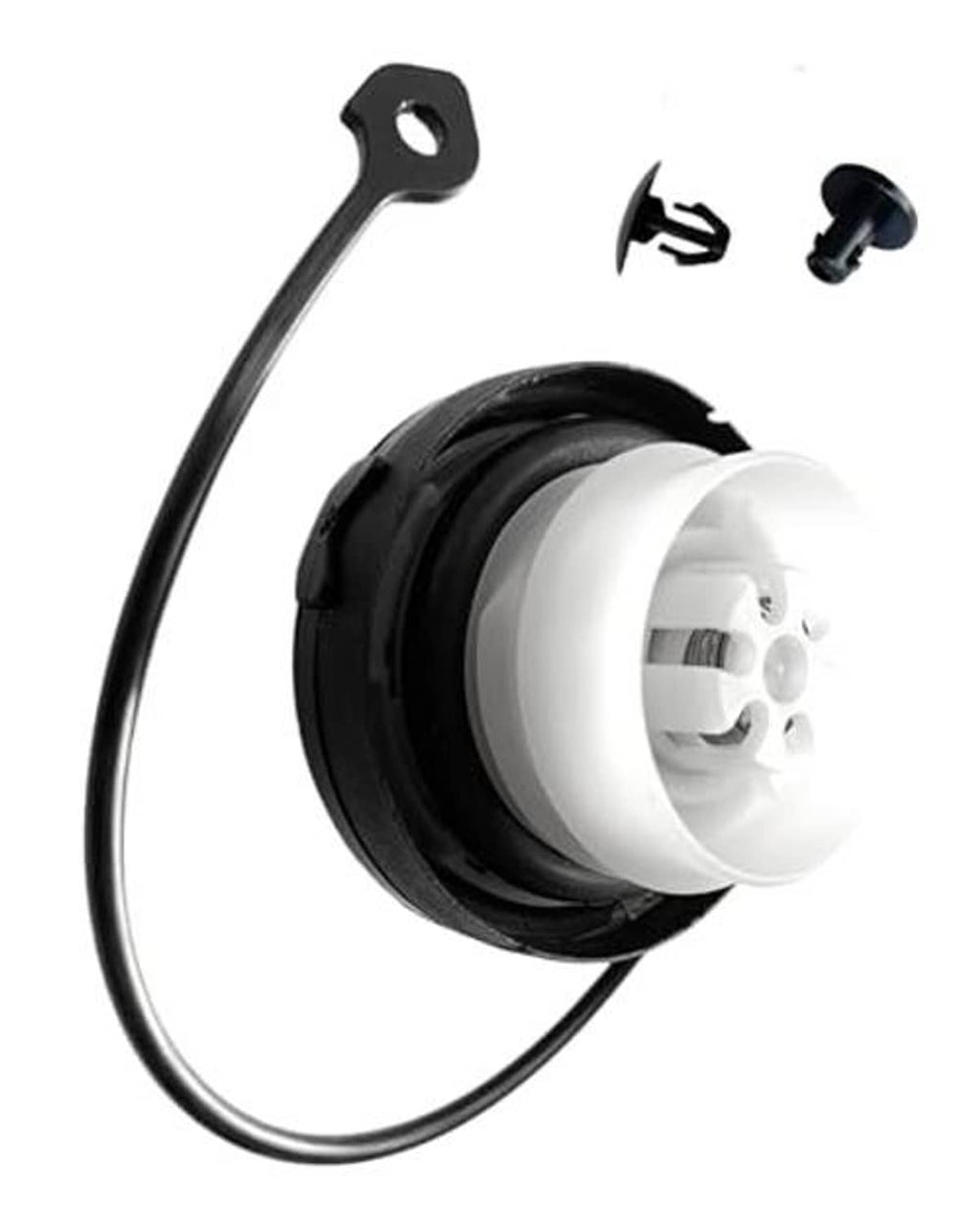 Fuel gas cap with black ring and white center insert, shown from side