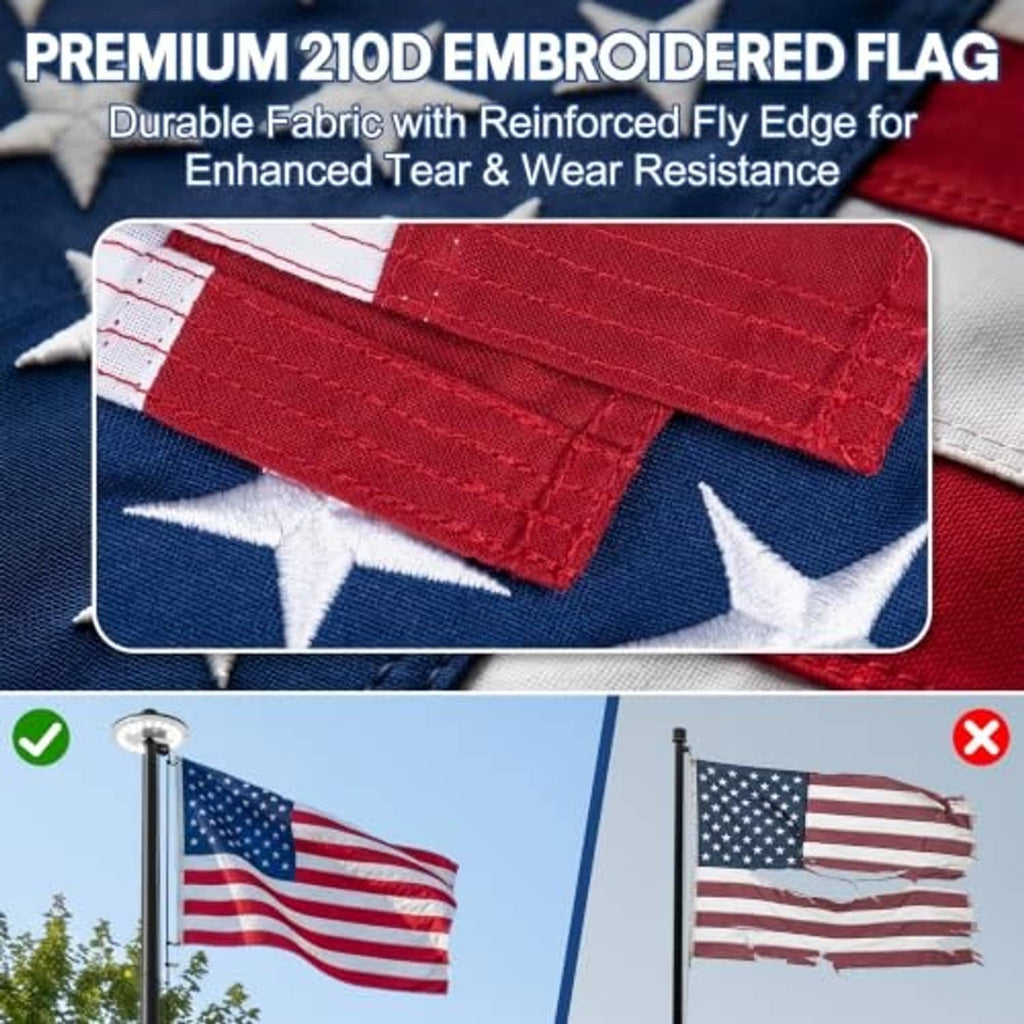 Embroidered patriotic flag with reinforced edges mounted on a flag pole