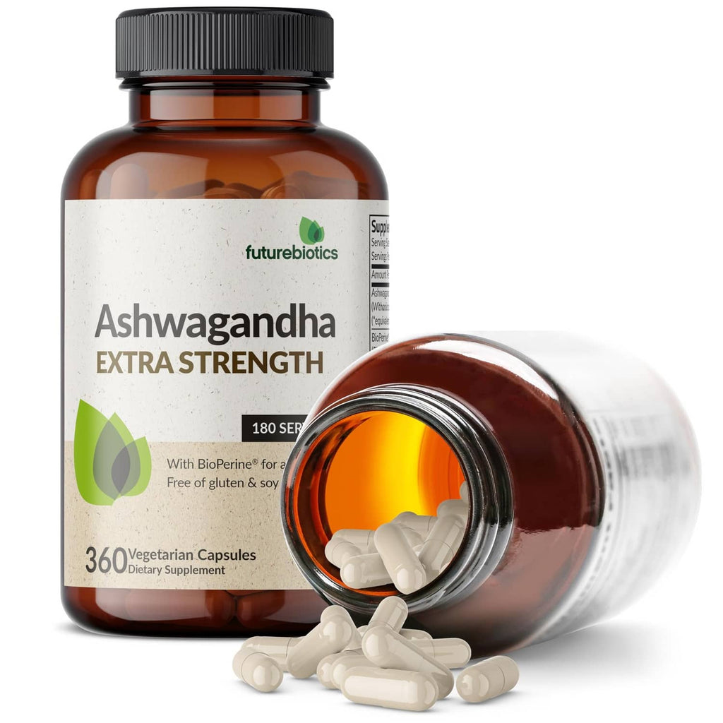 Amber Ashwagandha bottle with black cap and scattered white capsules