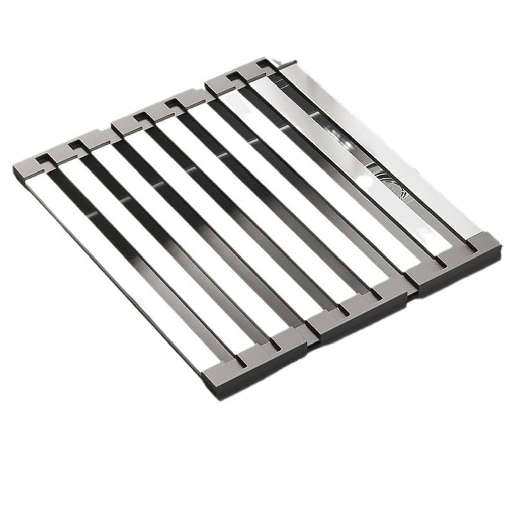 Roll-up dish drying rack, silver metal slats with black frame, laid flat