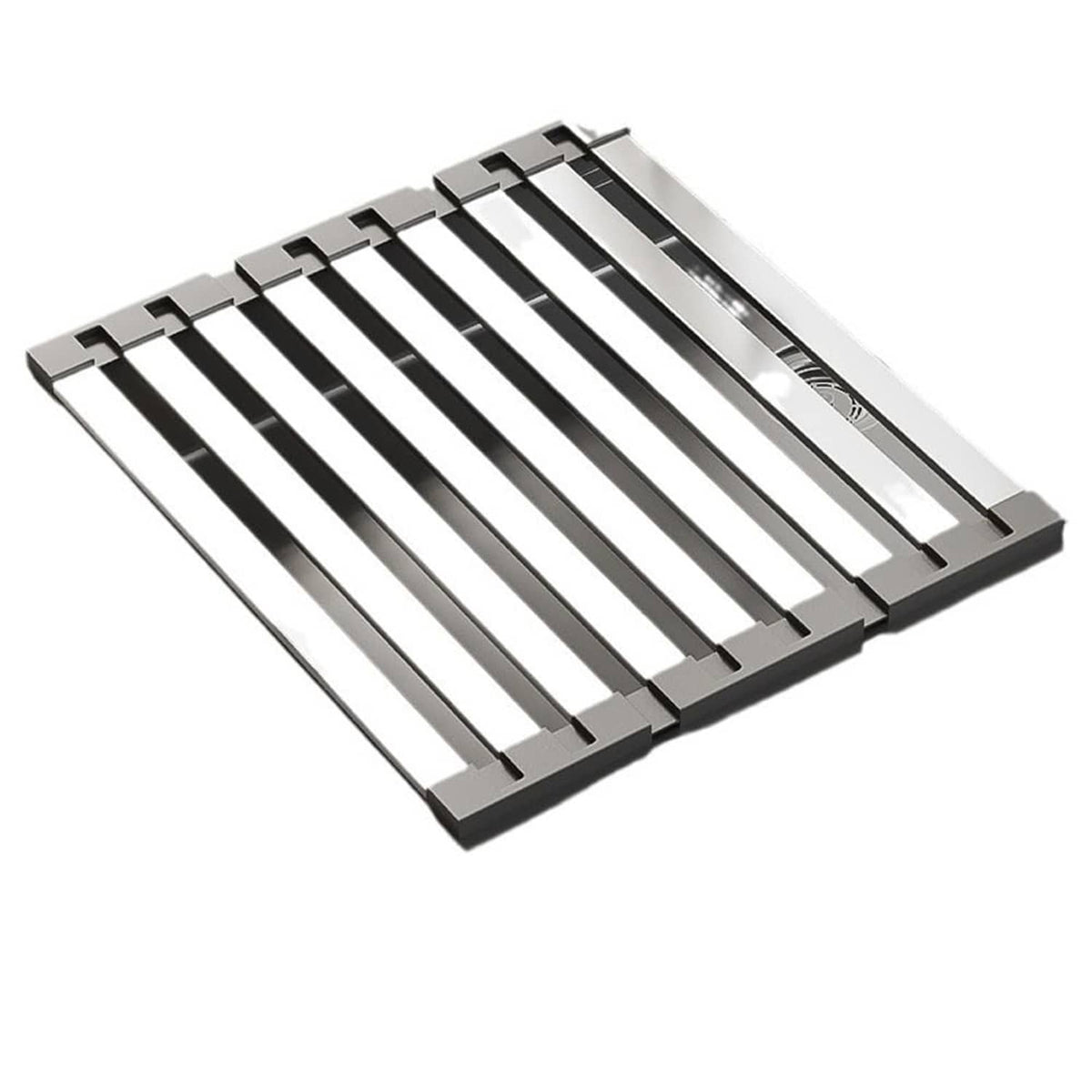 Roll-up dish drying rack, silver metal slats with black frame, laid flat