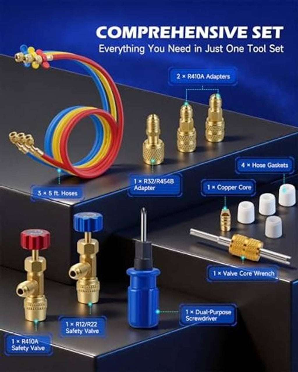 AC manifold gauge set kit with colored hoses, brass adapters, valves, and wrenches