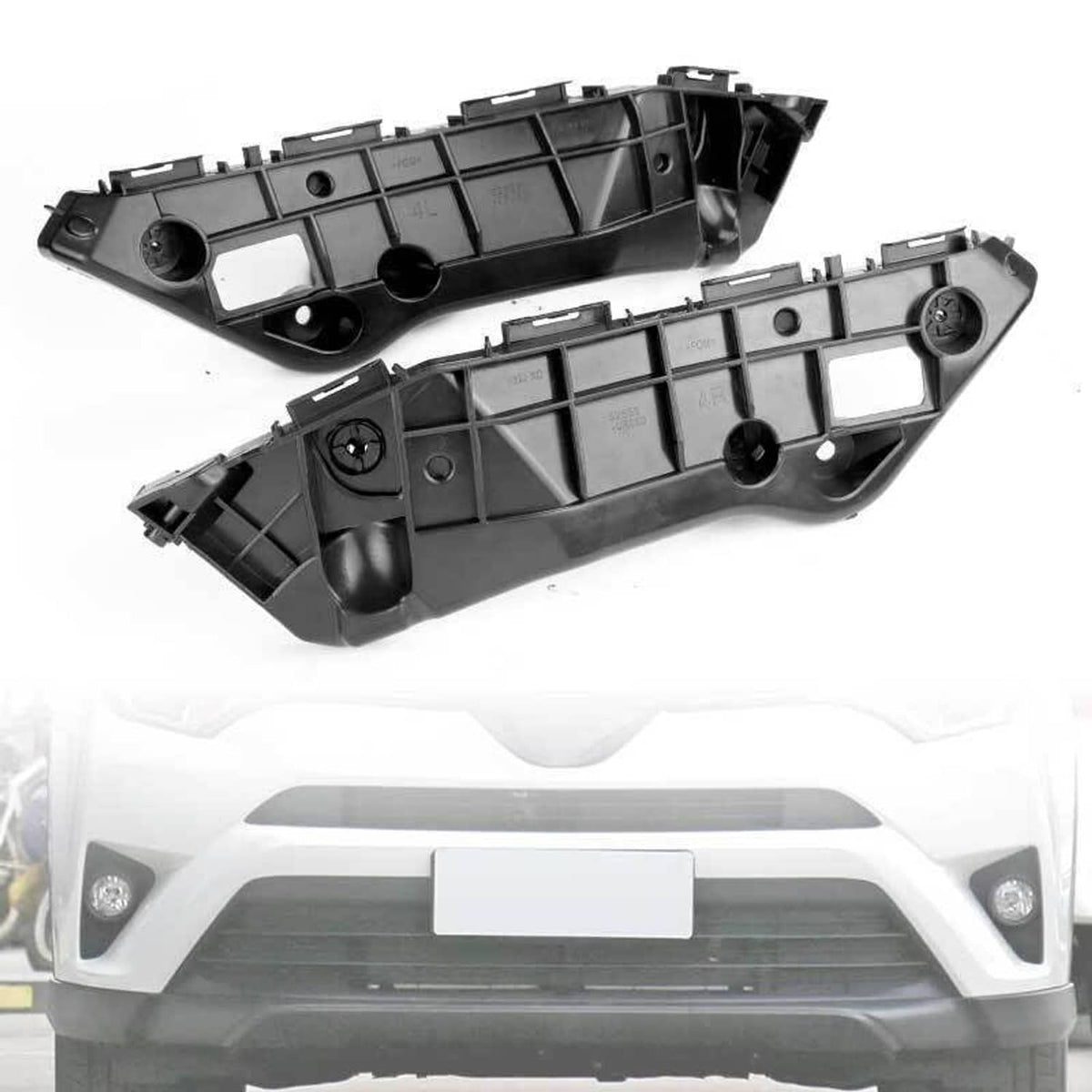 Front bumper retainer bracket support, black plastic with tabs and round mounting points
