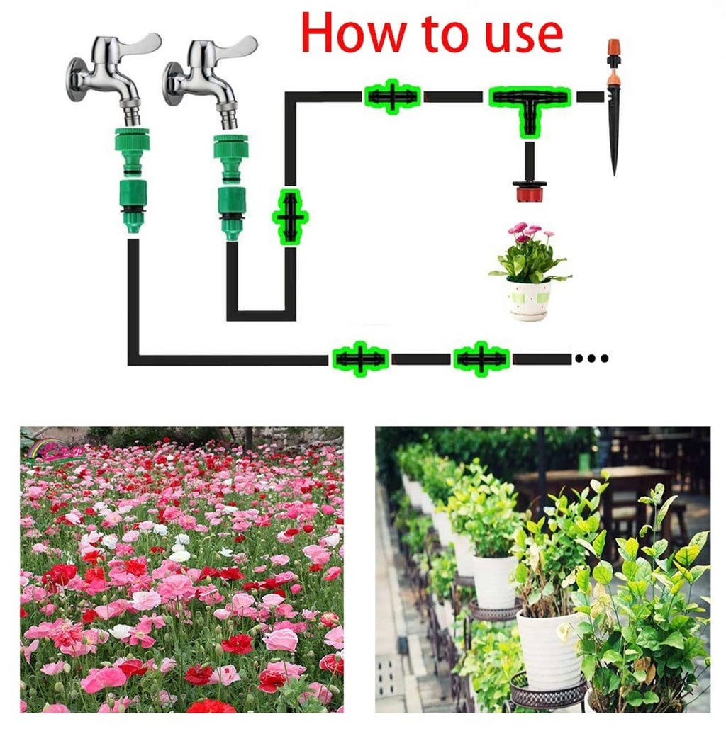 Black barbed drip irrigation connector set for hose splits and multi-line layout