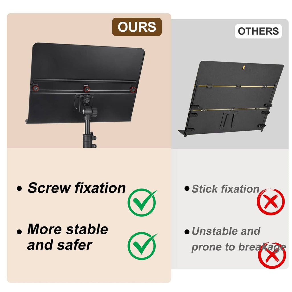 Black music stand showing a sturdy screw-fixed adjustable bracket