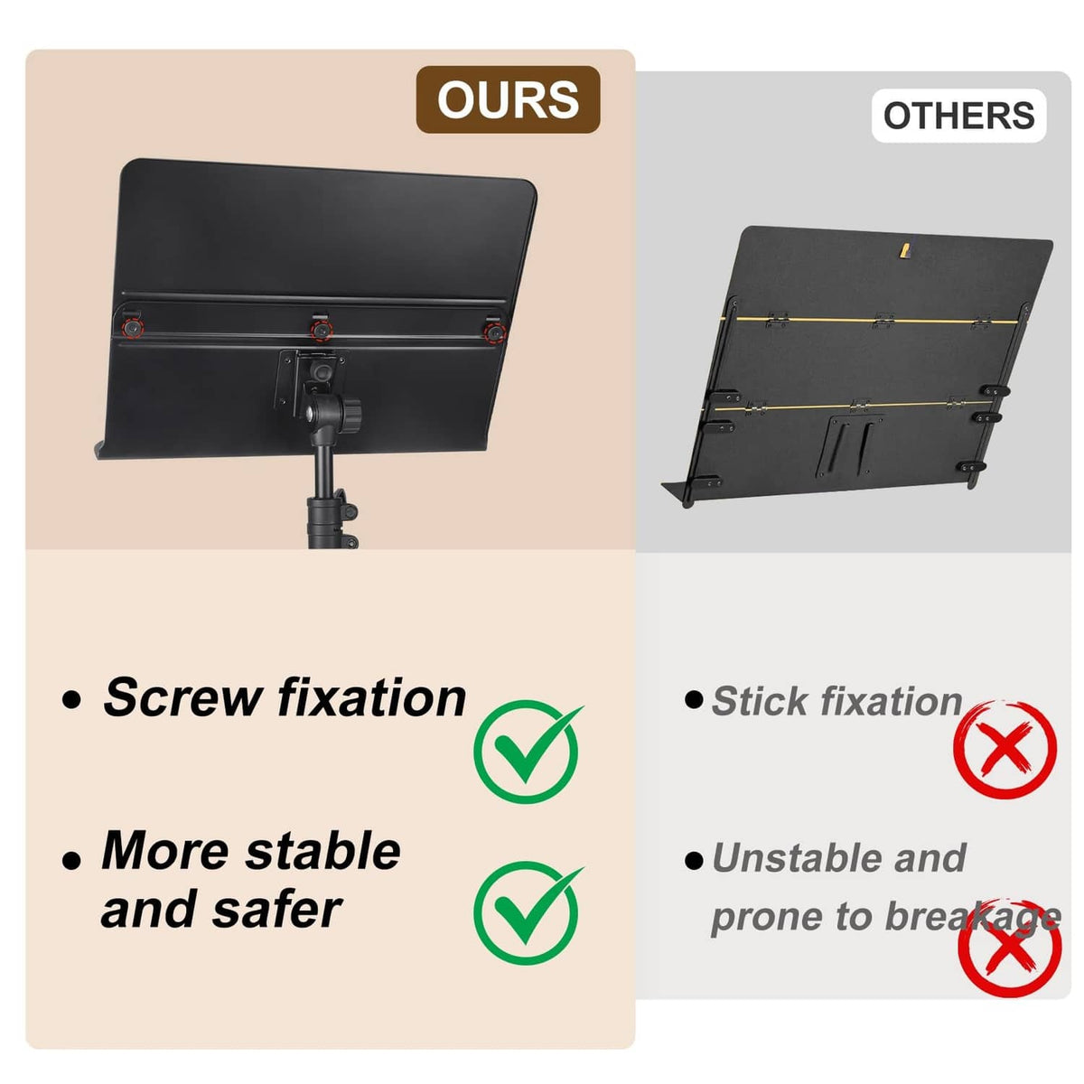 Black music stand showing a sturdy screw-fixed adjustable bracket