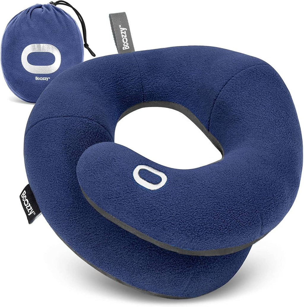 Bozzy blue travel neck pillow with U-shaped cutout and compact carry pouch