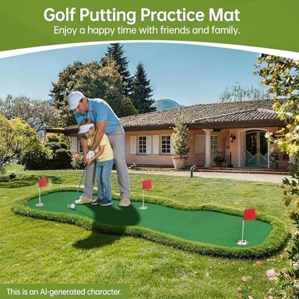 Green putting practice mat with red flag holes for backyard golf training