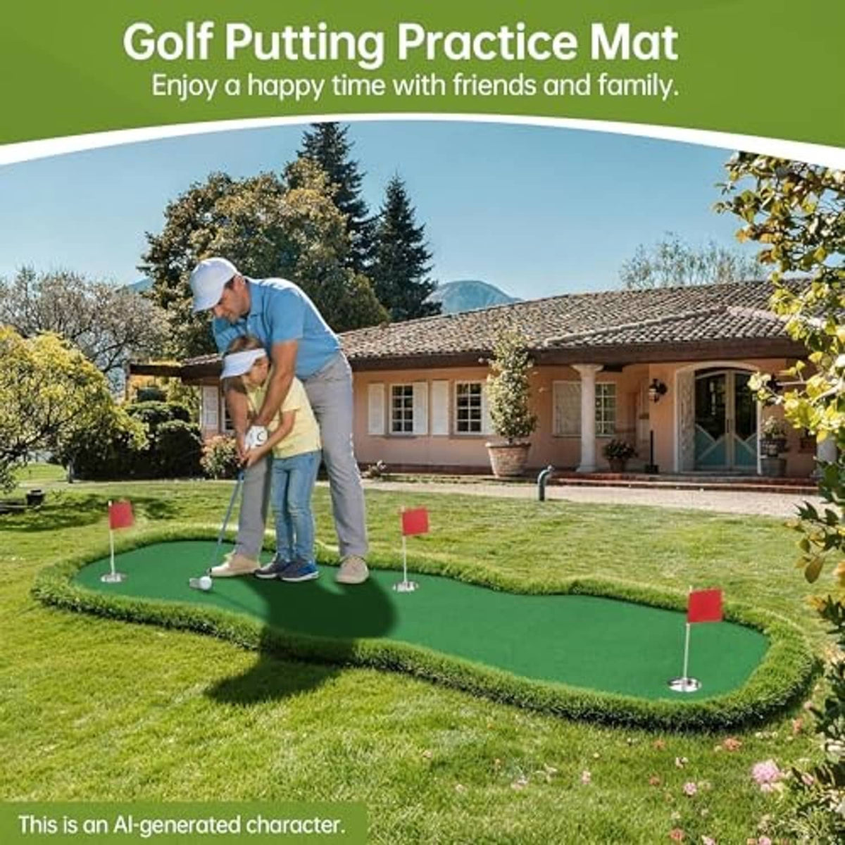 Green putting practice mat with red flag holes for backyard golf training