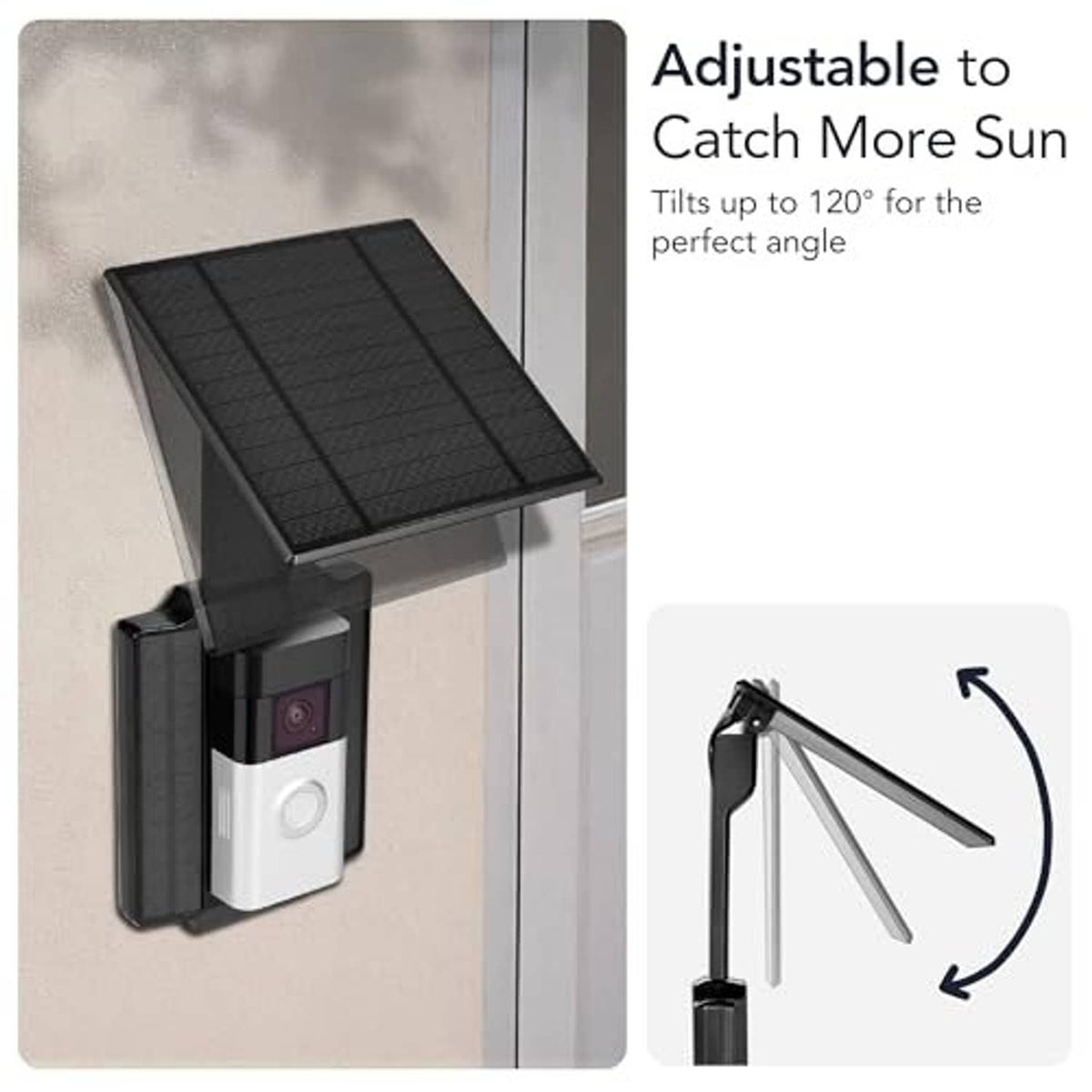 Adjustable tilt solar panel for wall-mounted doorbell charger, angled dark gray
